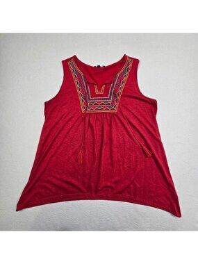 Signature Studio 2X Womens Red Sleeveless Tank Top Embroidered Boho